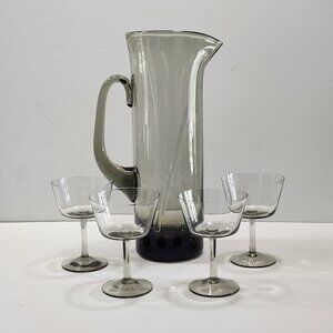 Vintage Handblown Smoke Colored Martini Pitcher, Stirrer, & Four Martini Glasses